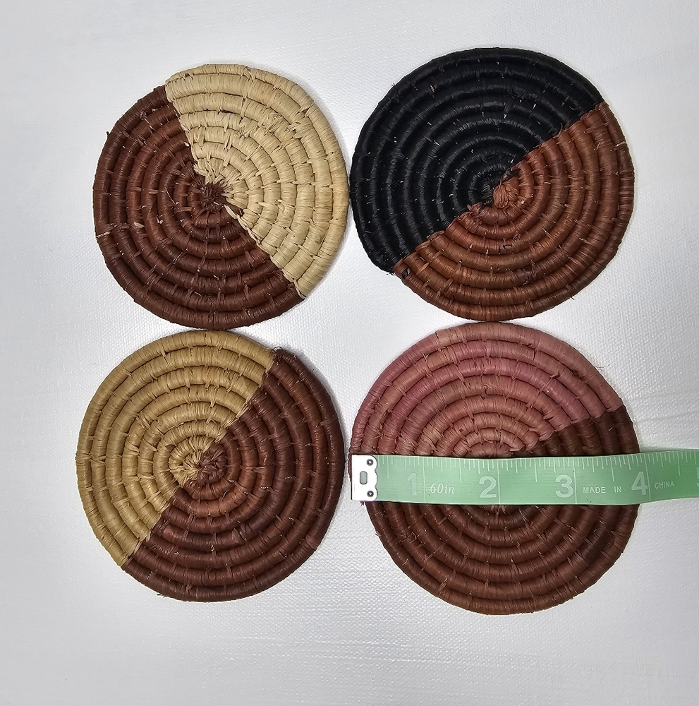 Set of 4 Handwoven Coasters |Natural Straw & Fiber |4" Round | Boho Rustic Style